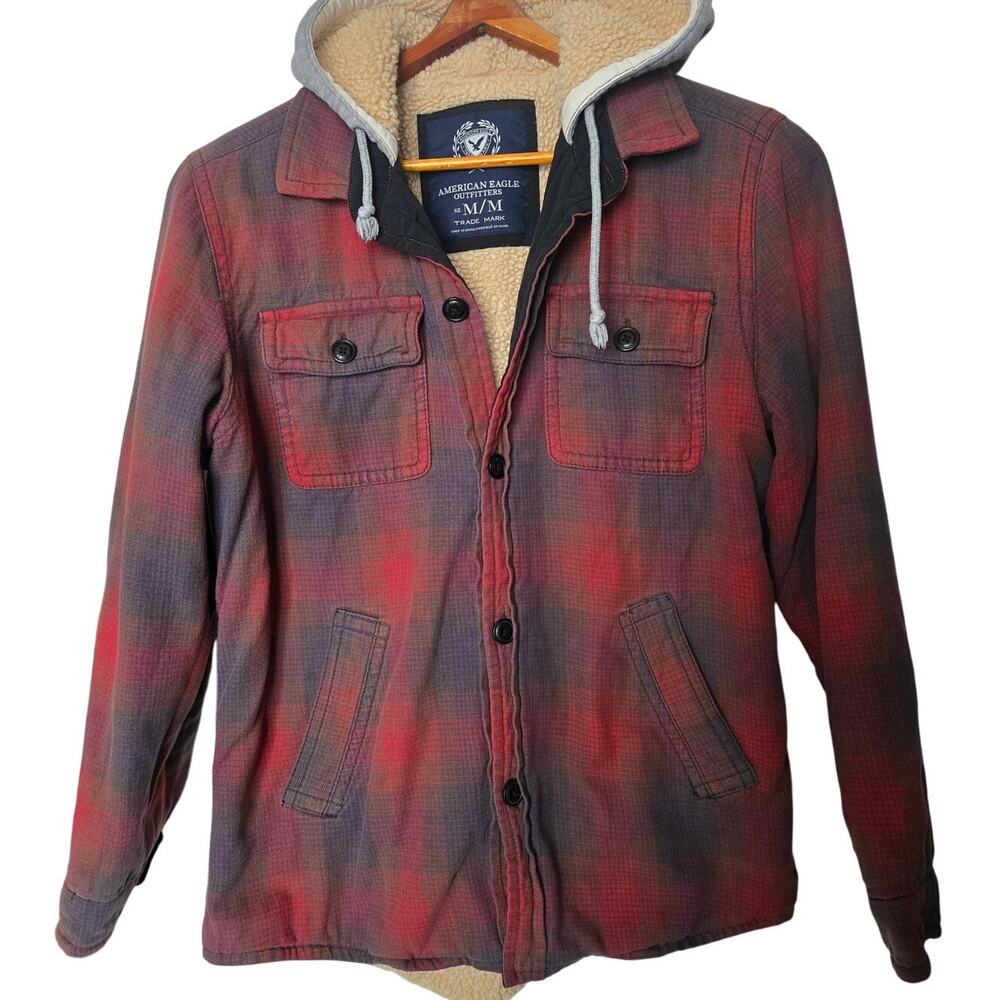 Mens American Eagle Warm Fleeced Plaid Button Up Hooded Jacket Medium